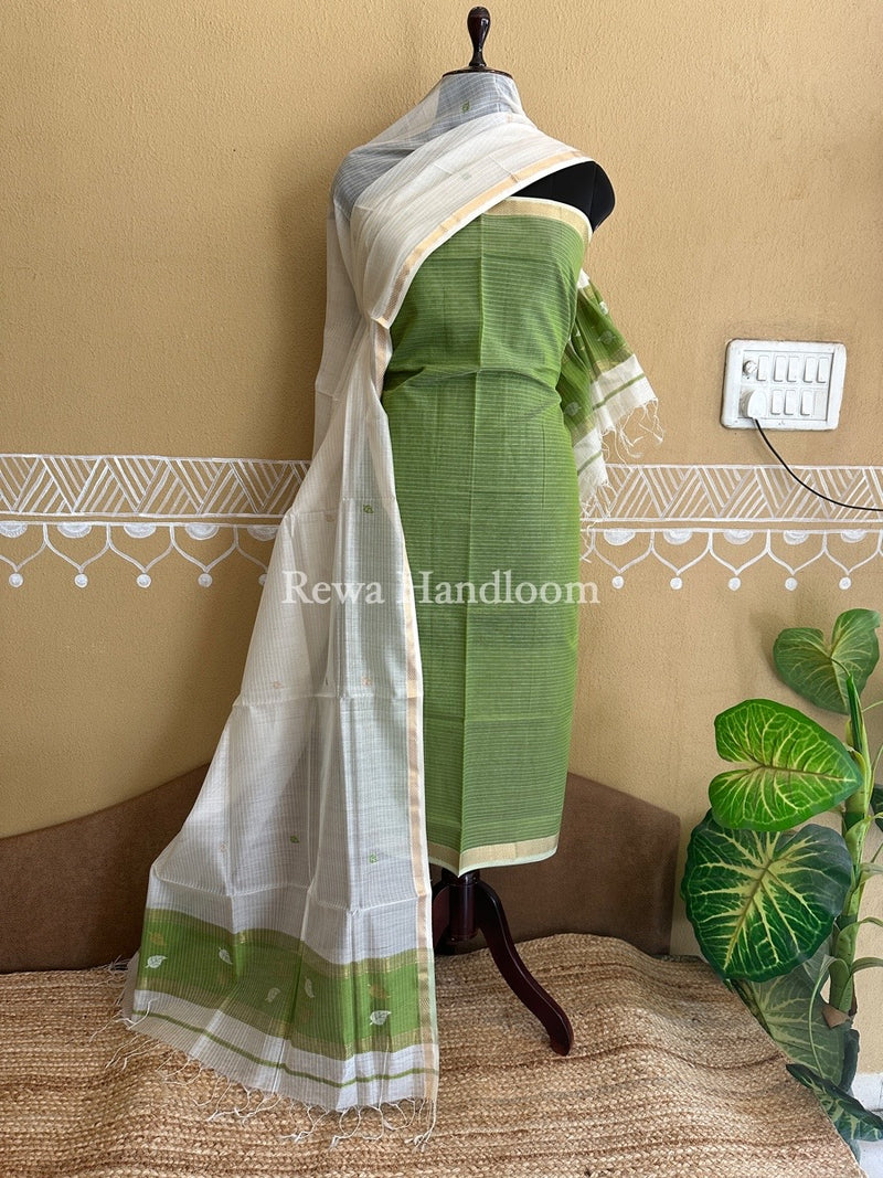 Maheshwari Green-White Patti Butti Top-Dupatta Set PBS022