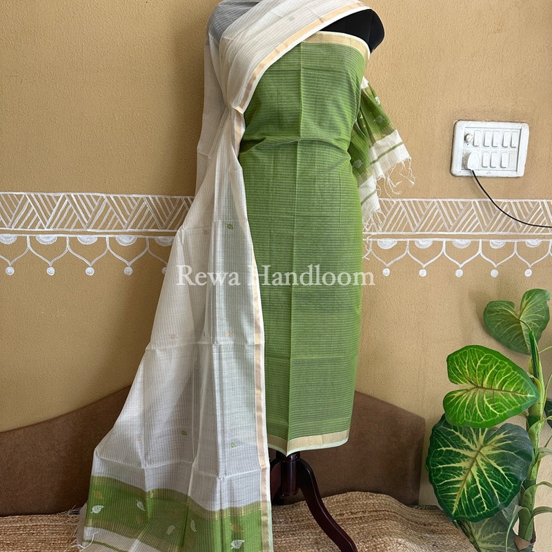 Maheshwari Green-White Patti Butti Top-Dupatta Set PBS022