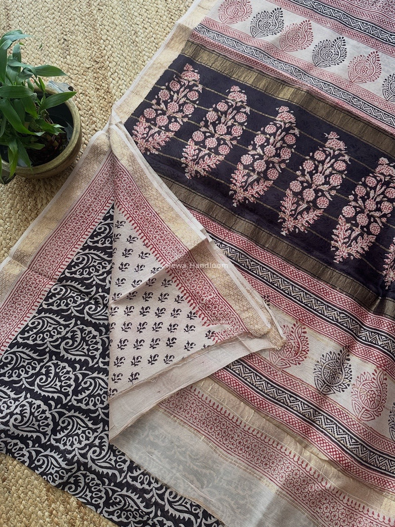 Maheshwari Black Bagh Print Small Border Saree MTBS120