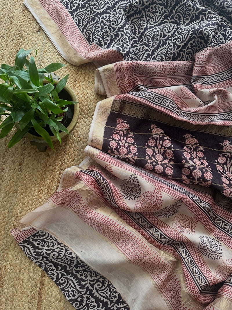 Maheshwari Black Bagh Print Small Border Saree MTBS120