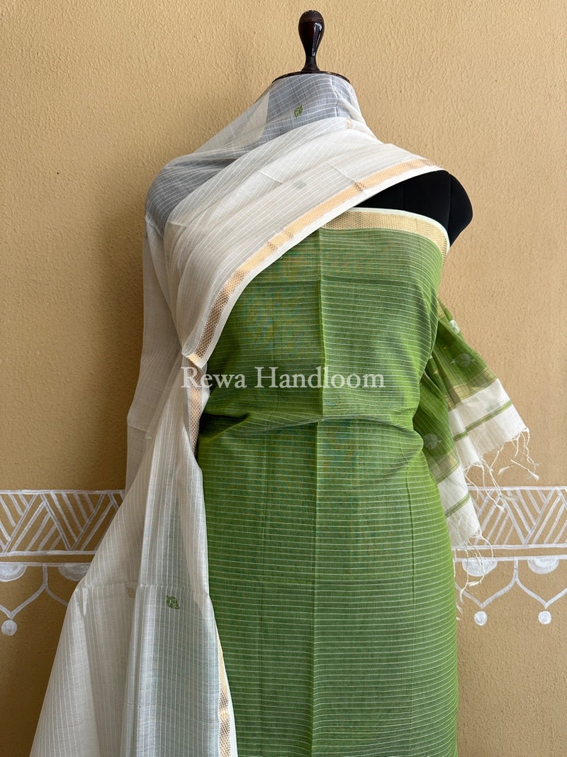 Maheshwari Green-White Patti Butti Top-Dupatta Set PBS022