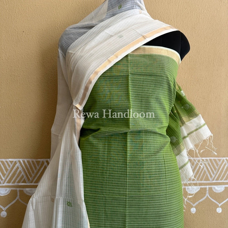 Maheshwari Green-White Patti Butti Top-Dupatta Set PBS022
