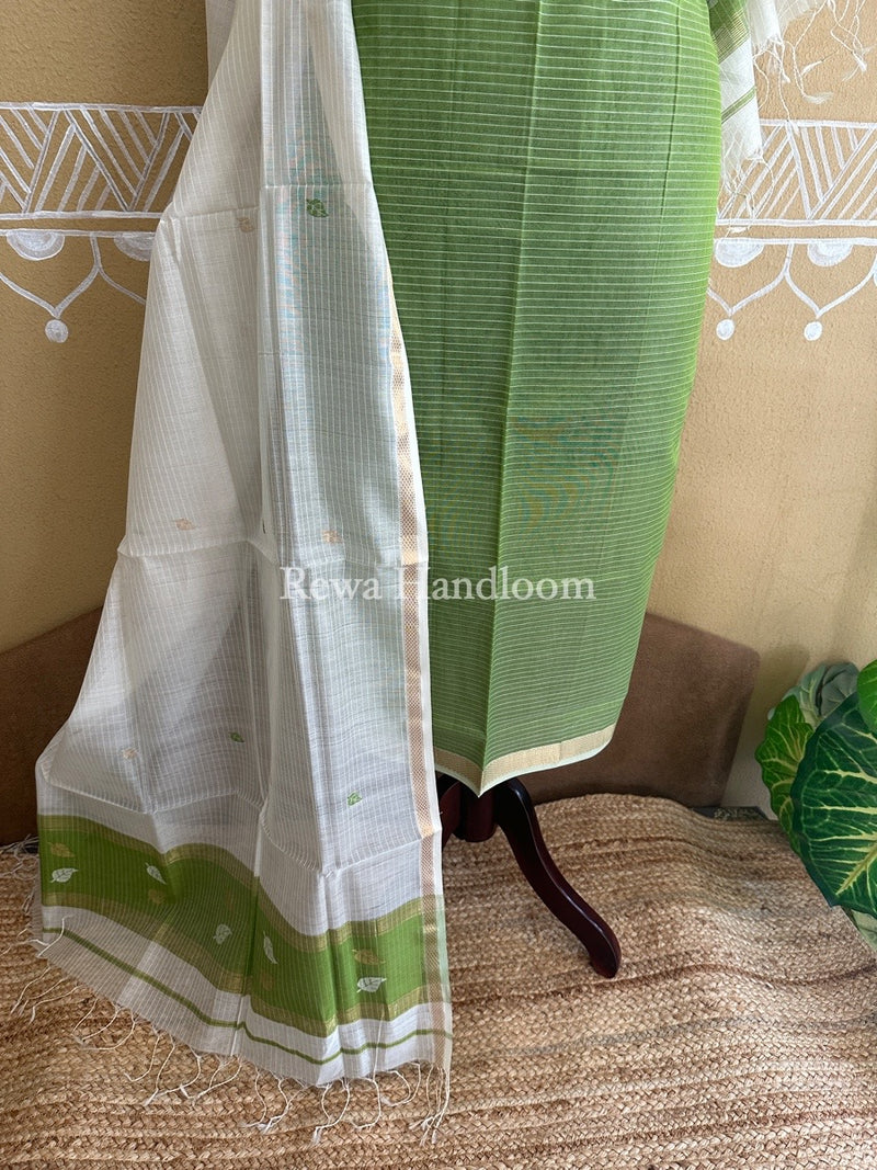 Maheshwari Green-White Patti Butti Top-Dupatta Set PBS022