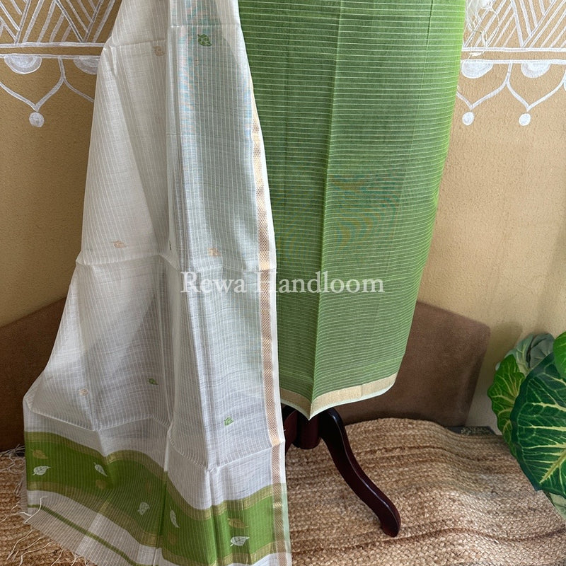 Maheshwari Green-White Patti Butti Top-Dupatta Set PBS022