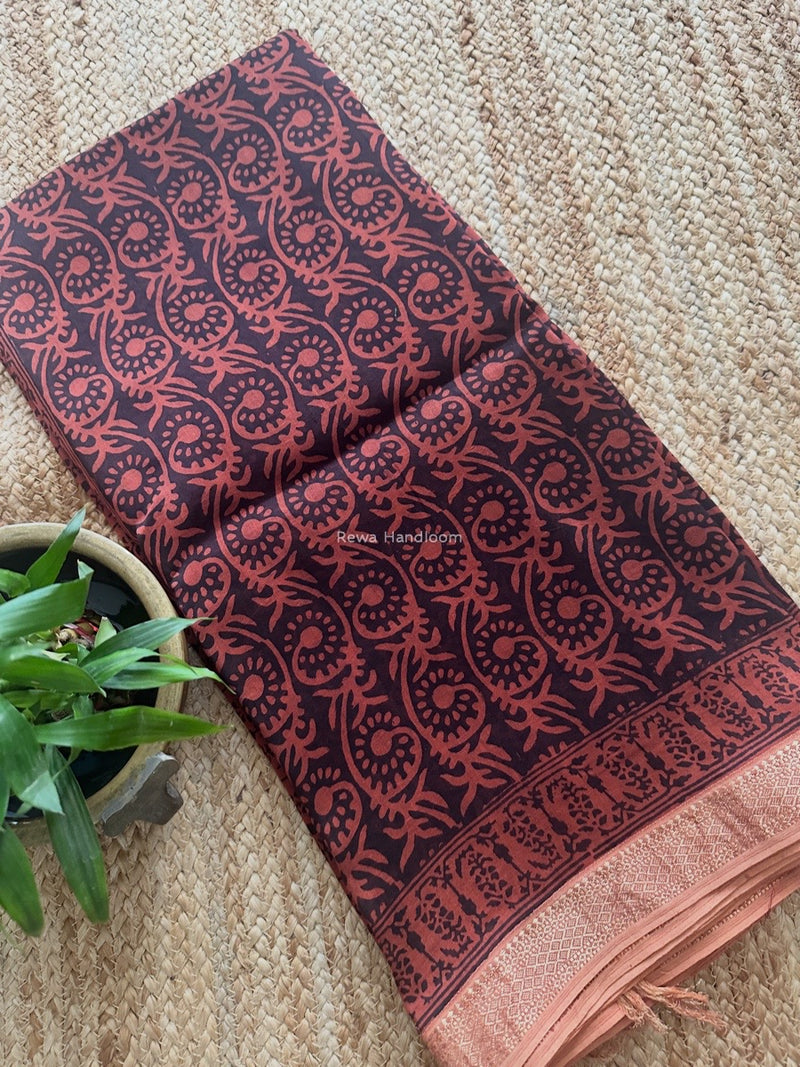 Maheshwari Rust Red Bagh Print Small Border Saree MTBS113