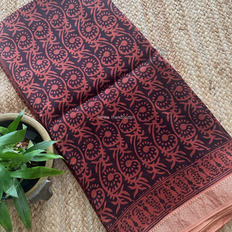 Maheshwari Rust Red Bagh Print Small Border Saree MTBS113
