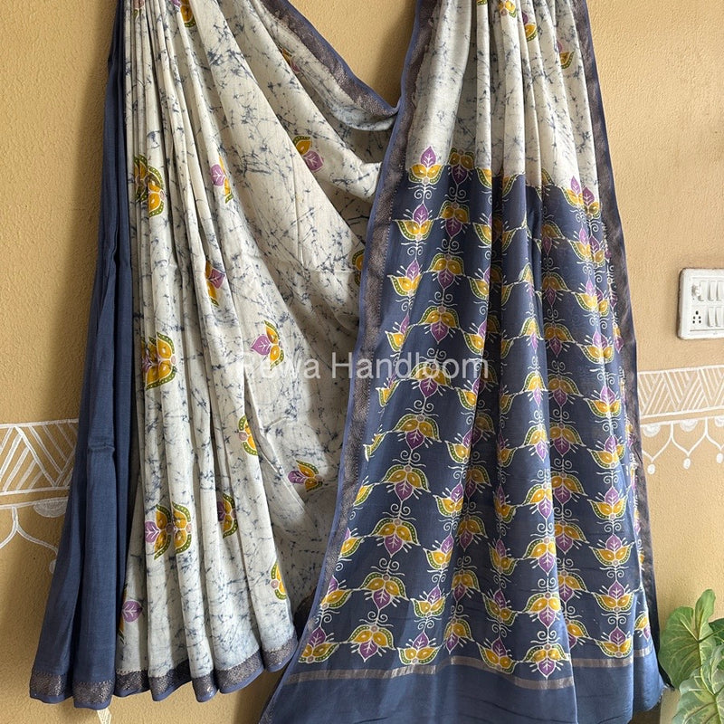 Maheshwari Grey Batik Indonesian Print Saree IBS032