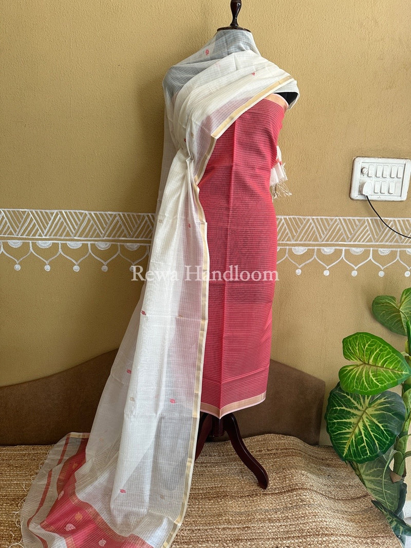 Maheshwari Fuchsia Pink-White Patti Butti Top-Dupatta Set PBS023