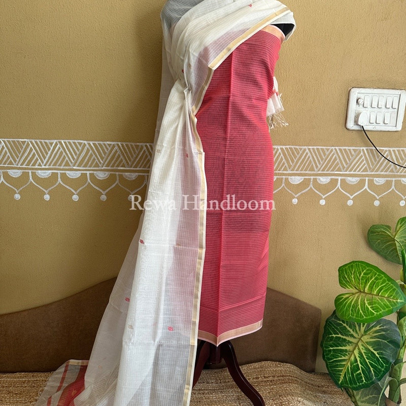 Maheshwari Fuchsia Pink-White Patti Butti Top-Dupatta Set PBS023