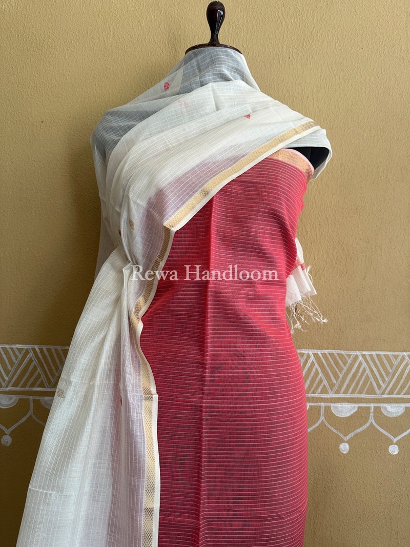 Maheshwari Fuchsia Pink-White Patti Butti Top-Dupatta Set PBS023