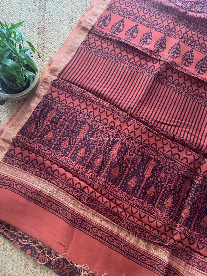 Maheshwari Rust Red Bagh Print Small Border Saree MTBS113
