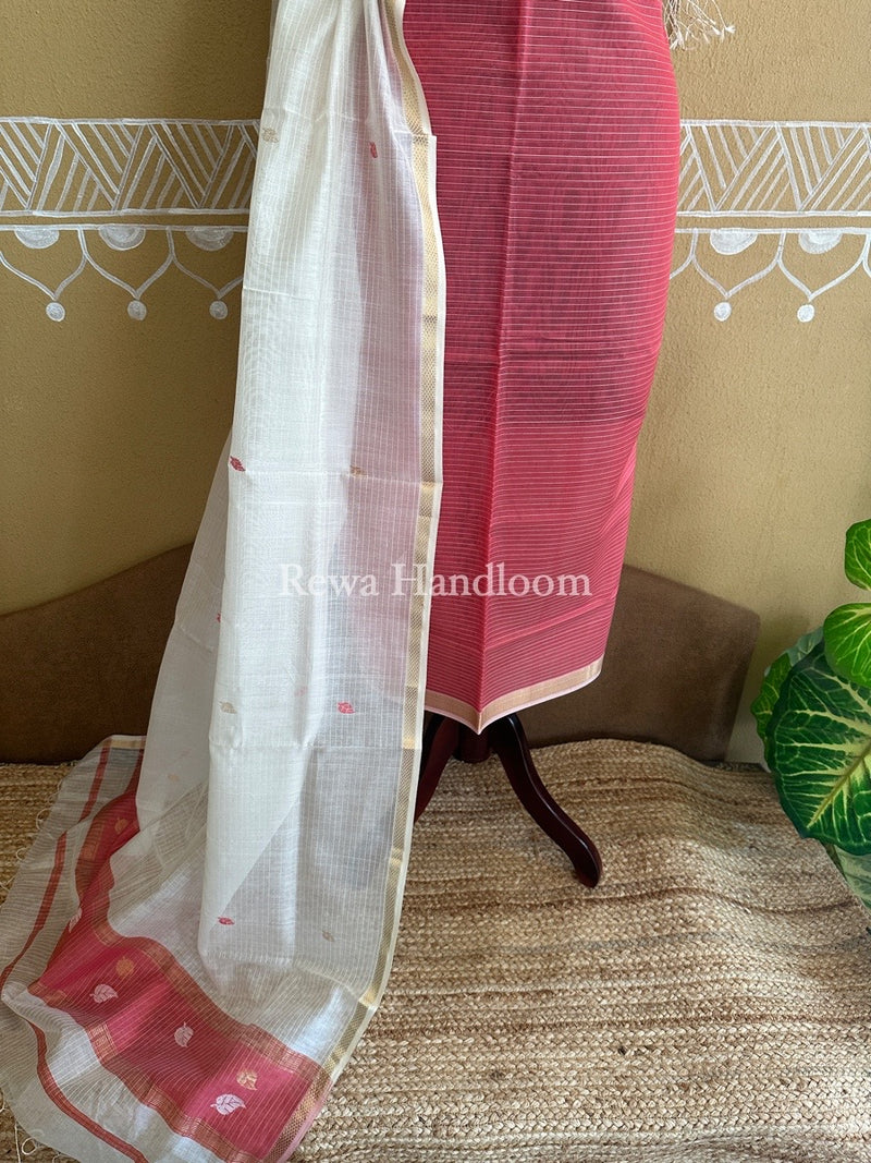 Maheshwari Fuchsia Pink-White Patti Butti Top-Dupatta Set PBS023