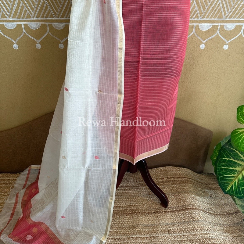 Maheshwari Fuchsia Pink-White Patti Butti Top-Dupatta Set PBS023
