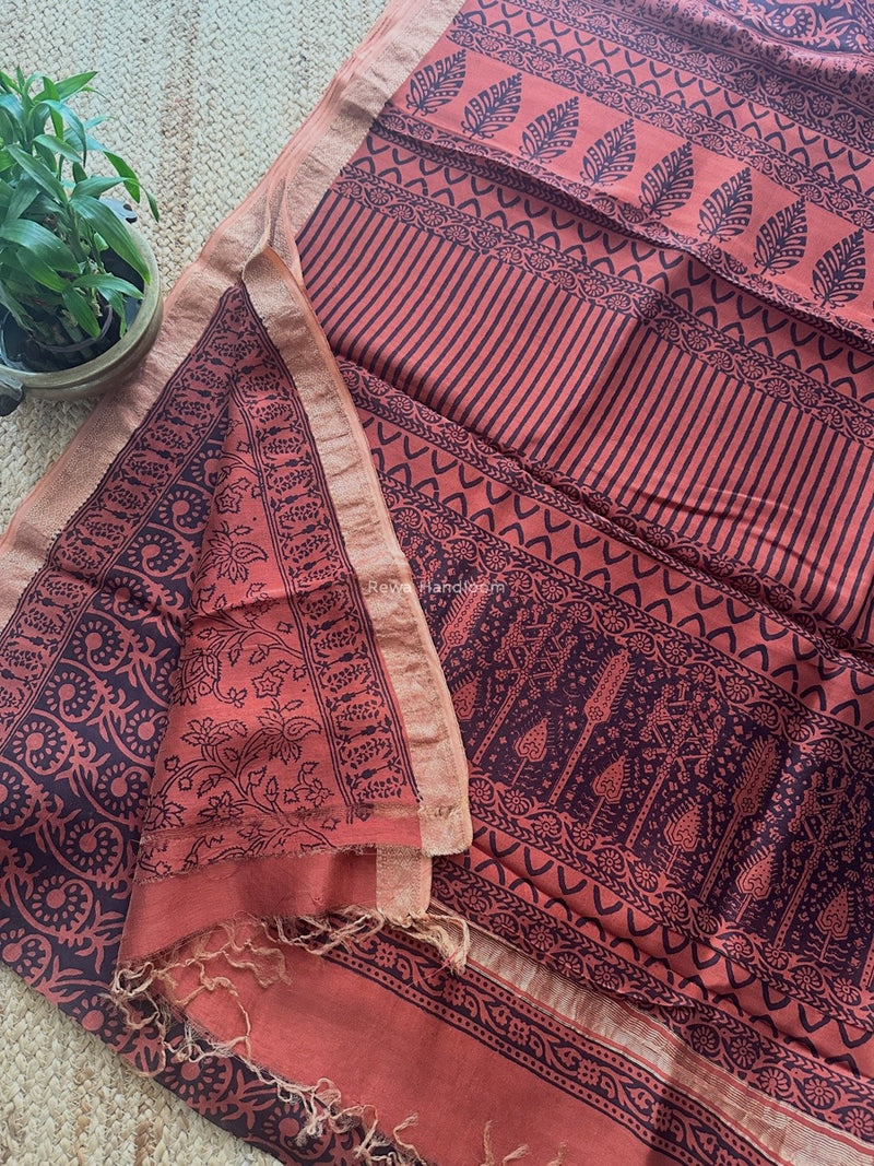 Maheshwari Rust Red Bagh Print Small Border Saree MTBS113
