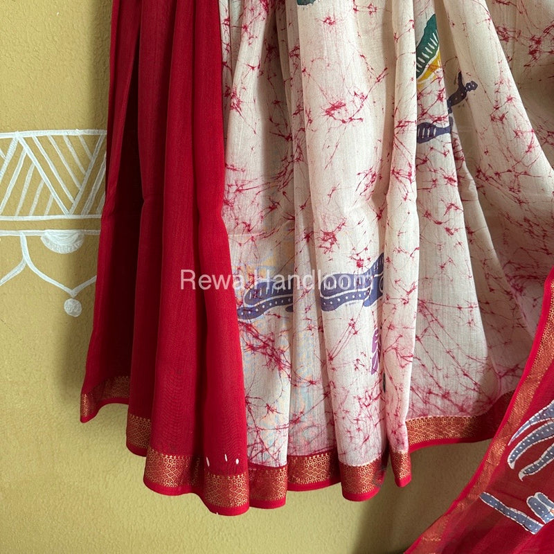 Maheshwari Red Batik Indonesian Print Saree IBS09