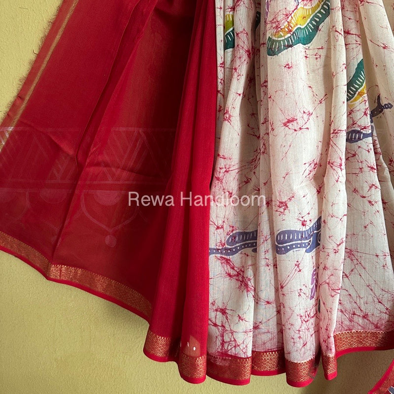 Maheshwari Red Batik Indonesian Print Saree IBS09