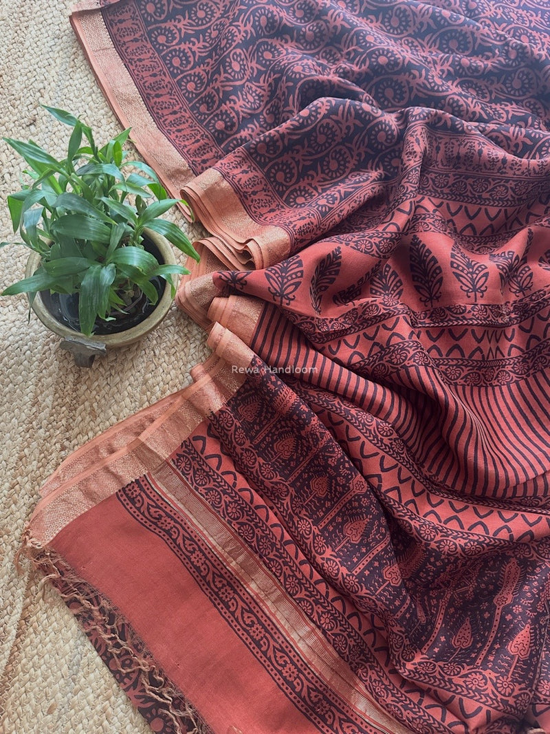 Maheshwari Rust Red Bagh Print Small Border Saree MTBS113