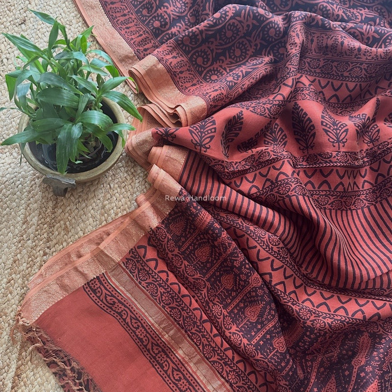 Maheshwari Rust Red Bagh Print Small Border Saree MTBS113