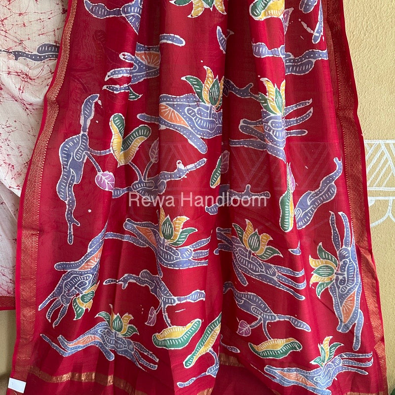 Maheshwari Red Batik Indonesian Print Saree IBS09