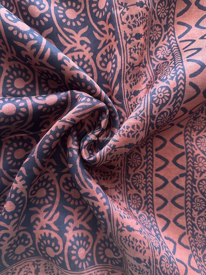 Maheshwari Rust Red Bagh Print Small Border Saree MTBS113