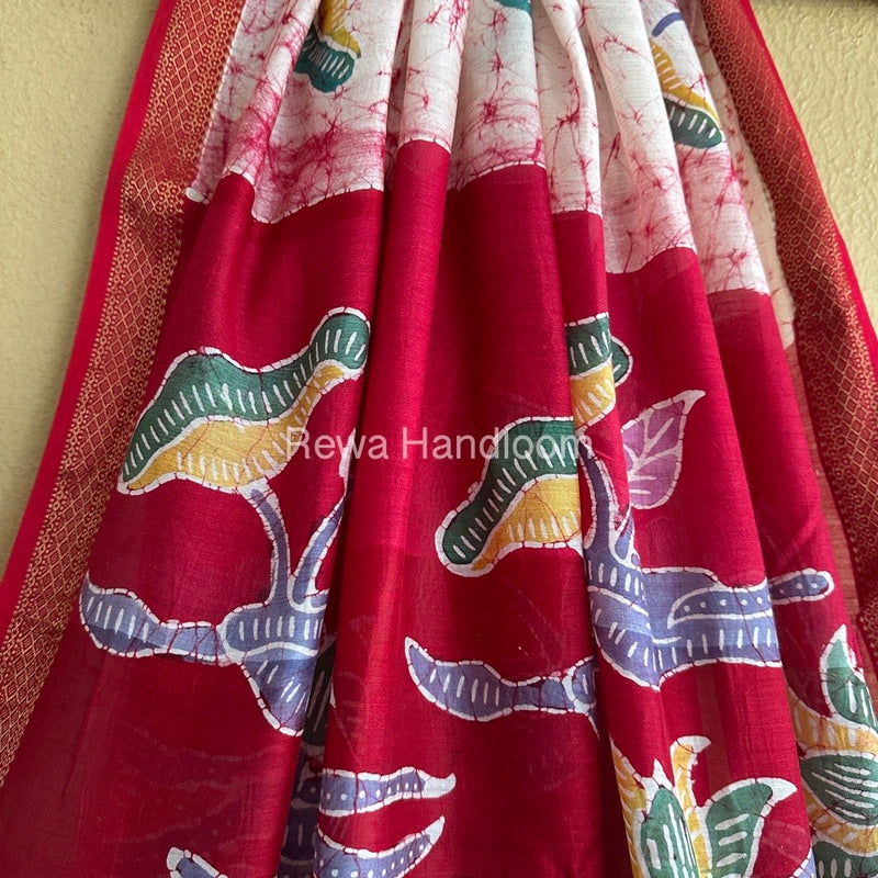 Maheshwari Red Batik Indonesian Print Saree IBS09