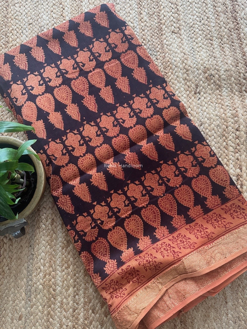 Maheshwari Black Bagh Print Small Border Saree MTBS122