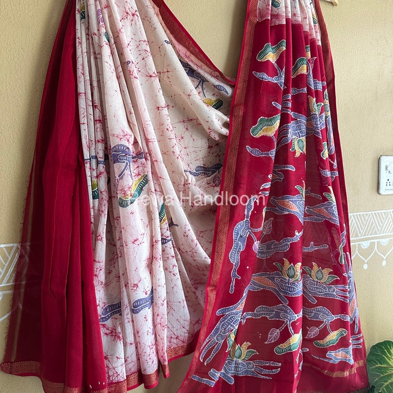 Maheshwari Red Batik Indonesian Print Saree IBS09