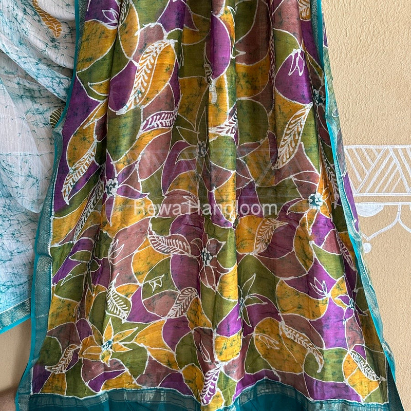 Maheshwari Green Batik Indonesian Print Saree IBS035