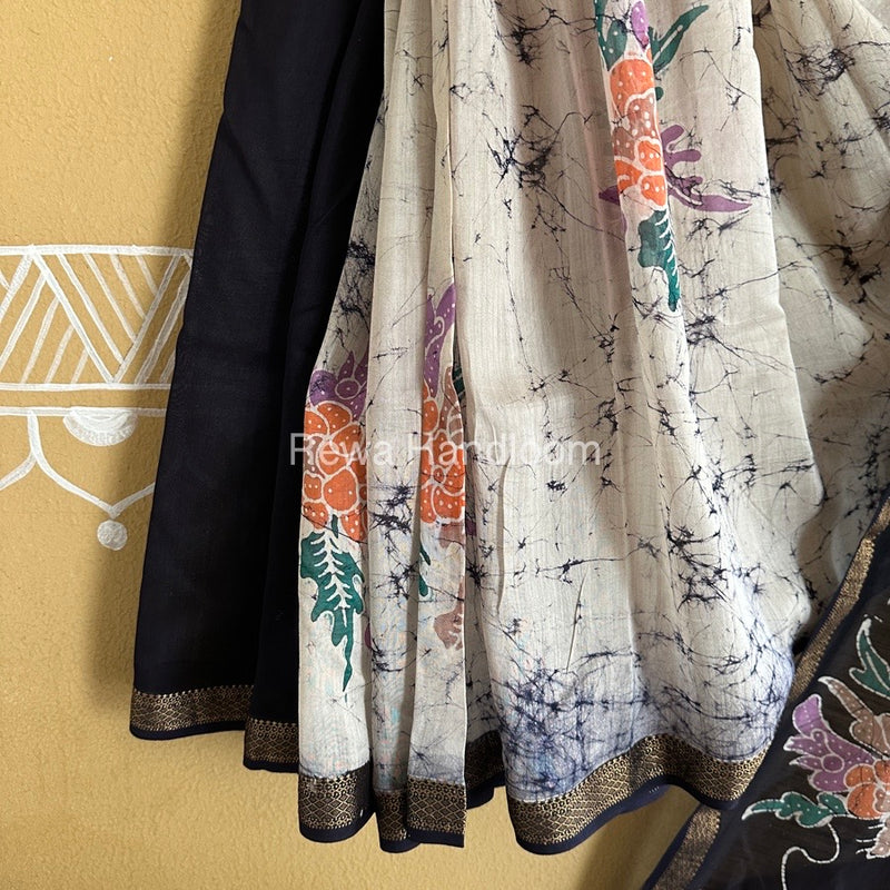 Maheshwari Dark Blue Batik Indonesian Print Saree IBS0010