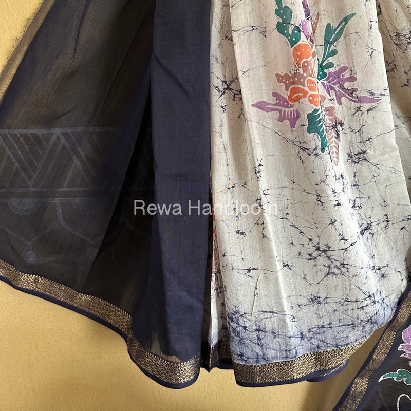 Maheshwari Dark Blue Batik Indonesian Print Saree IBS0010