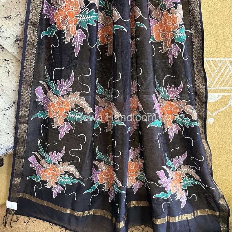 Maheshwari Dark Blue Batik Indonesian Print Saree IBS0010