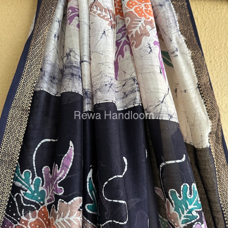 Maheshwari Dark Blue Batik Indonesian Print Saree IBS0010