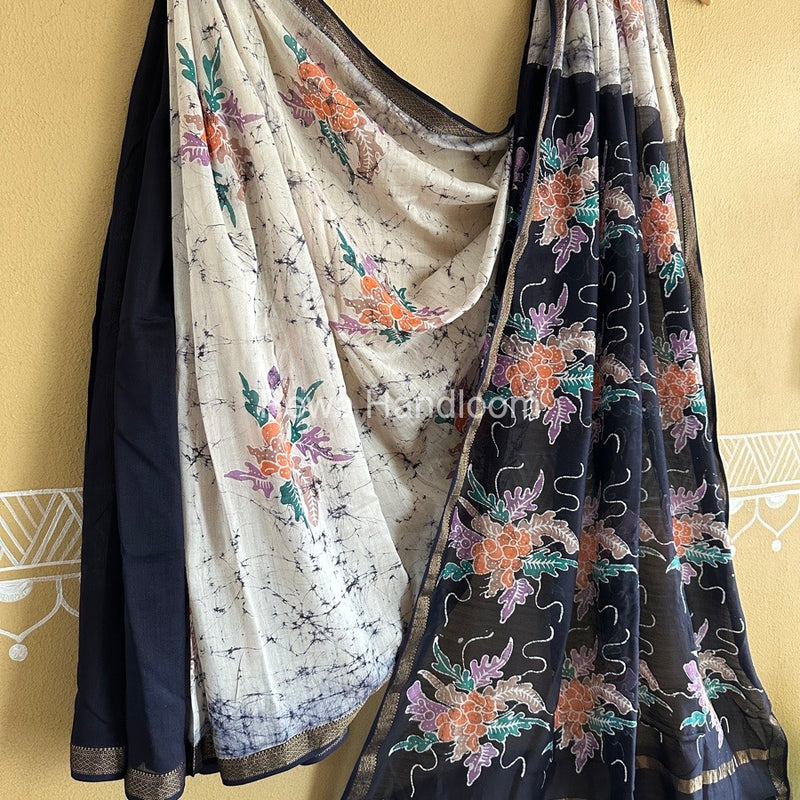 Maheshwari Dark Blue Batik Indonesian Print Saree IBS0010