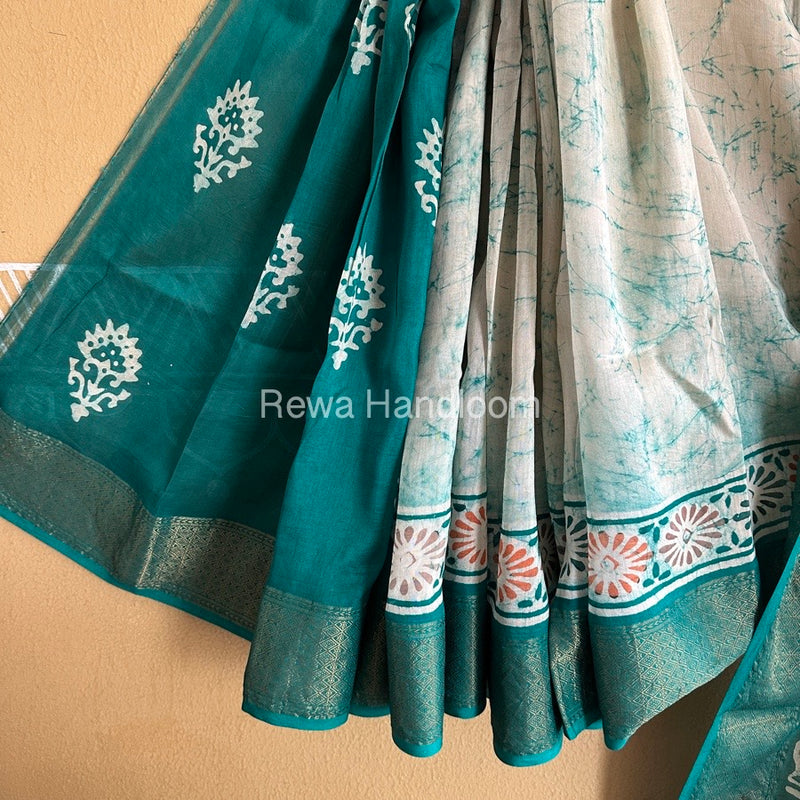 Maheshwari Rama Green Batik Indonesian Print Saree MBSS010