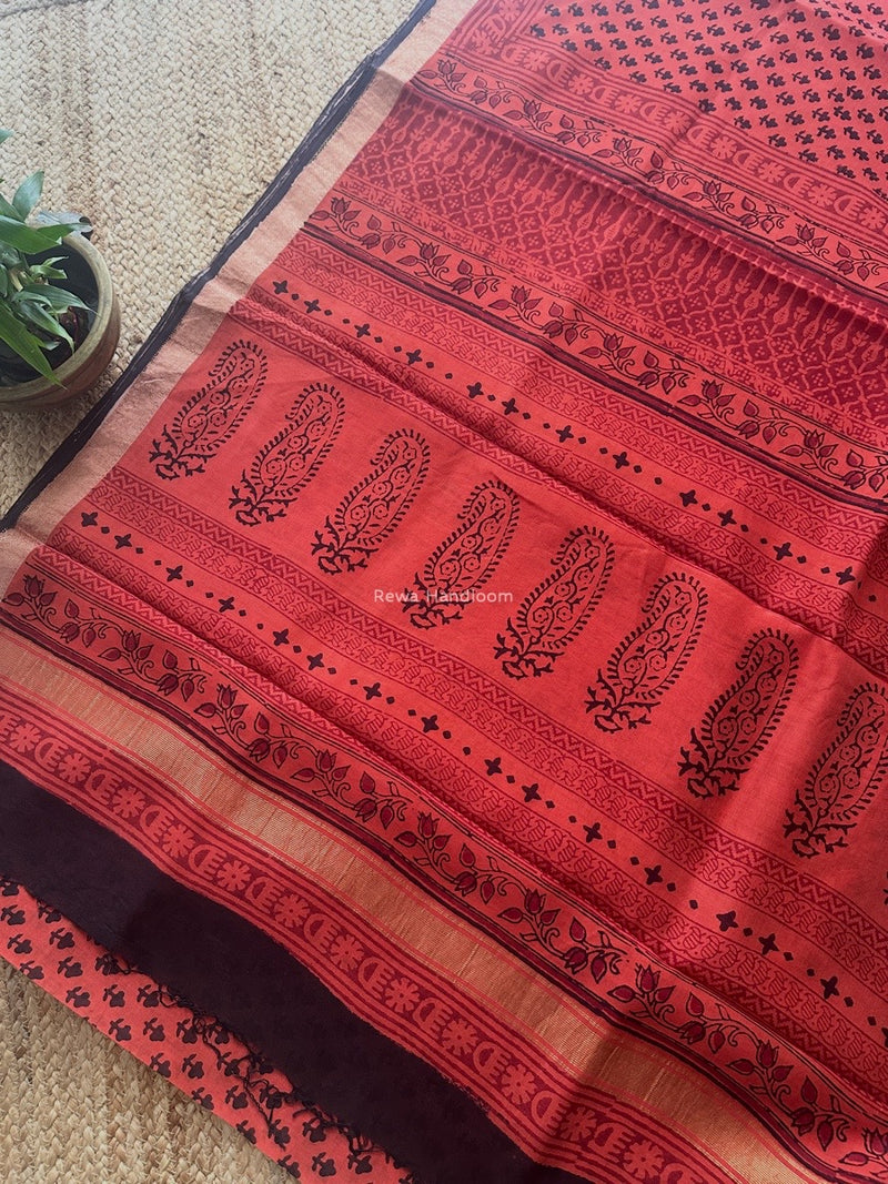 Maheshwari Rust Orange Bagh Print Small Border Saree MTBS107