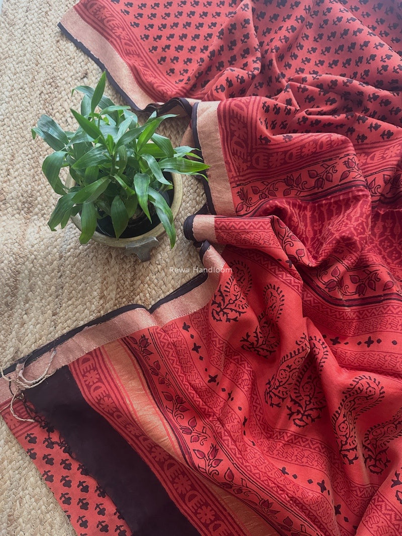 Maheshwari Rust Orange Bagh Print Small Border Saree MTBS107