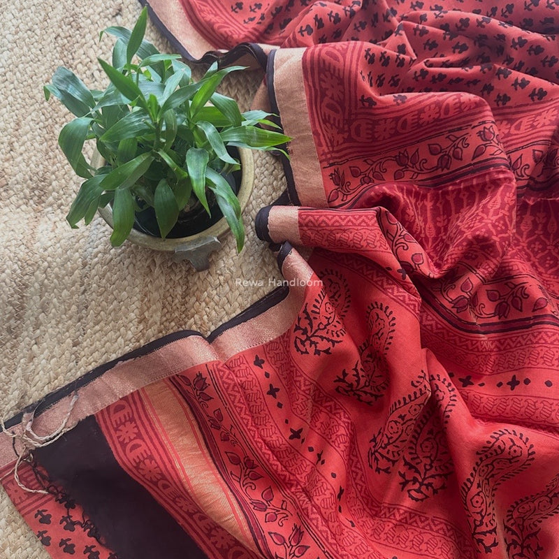 Maheshwari Rust Orange Bagh Print Small Border Saree MTBS107