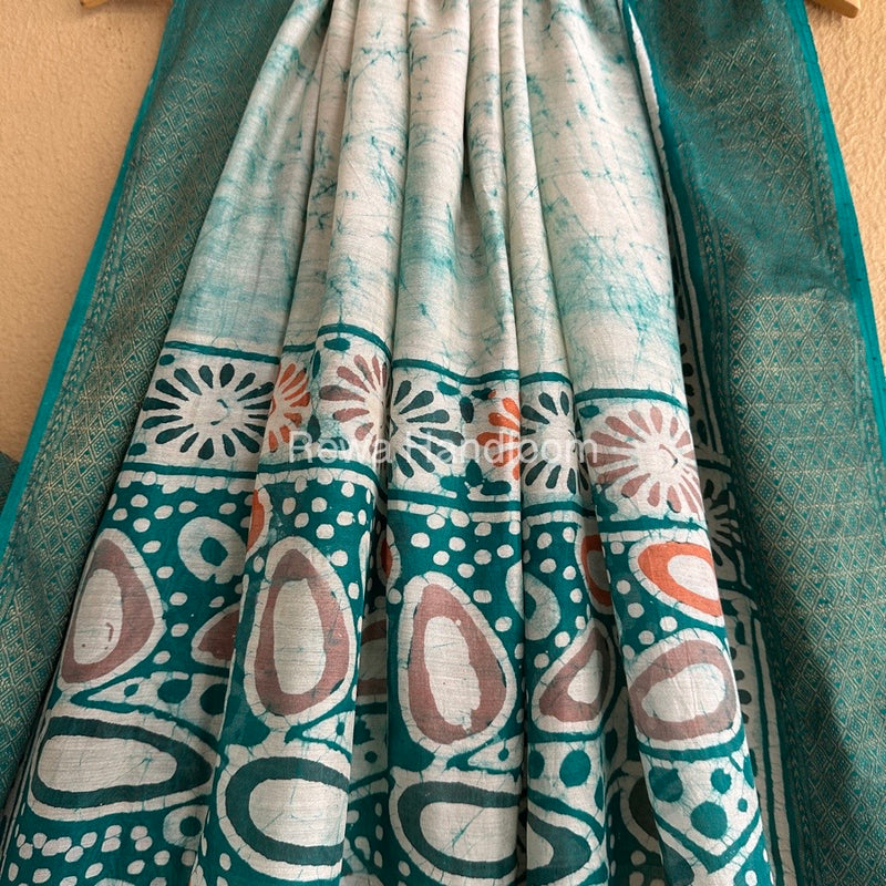 Maheshwari Rama Green Batik Indonesian Print Saree MBSS010