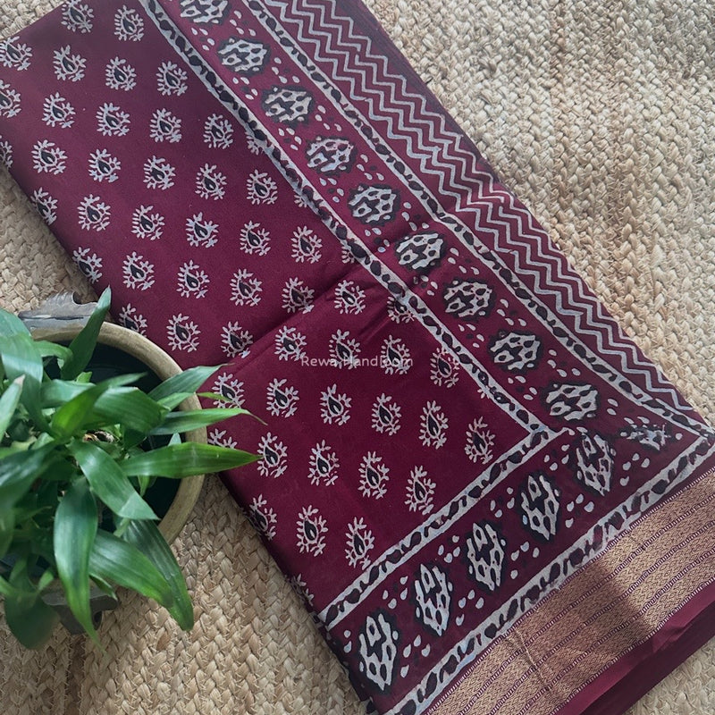 Maheshwari Wine Bagh Print Small Border Saree MTBS112
