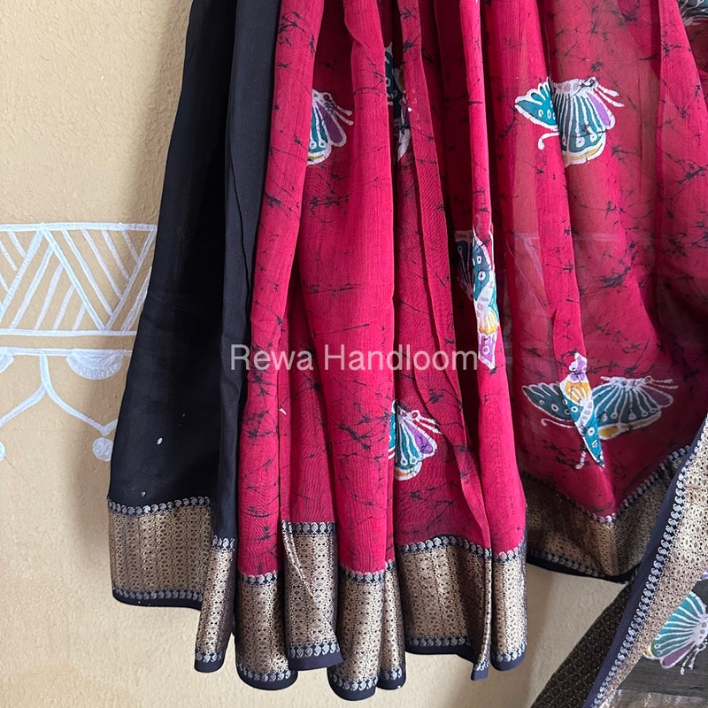 Maheshwari Red Batik Indonesian Print Saree IBS04