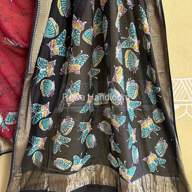 Maheshwari Red Batik Indonesian Print Saree IBS04