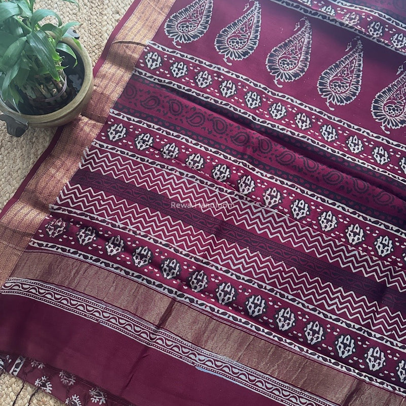 Maheshwari Wine Bagh Print Small Border Saree MTBS112