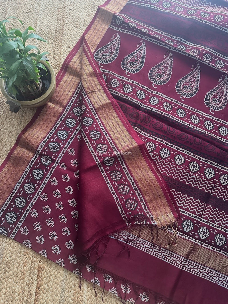 Maheshwari Wine Bagh Print Small Border Saree MTBS112