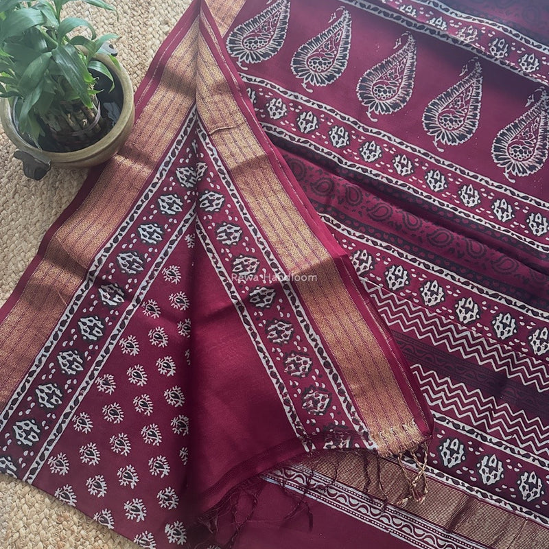 Maheshwari Wine Bagh Print Small Border Saree MTBS112