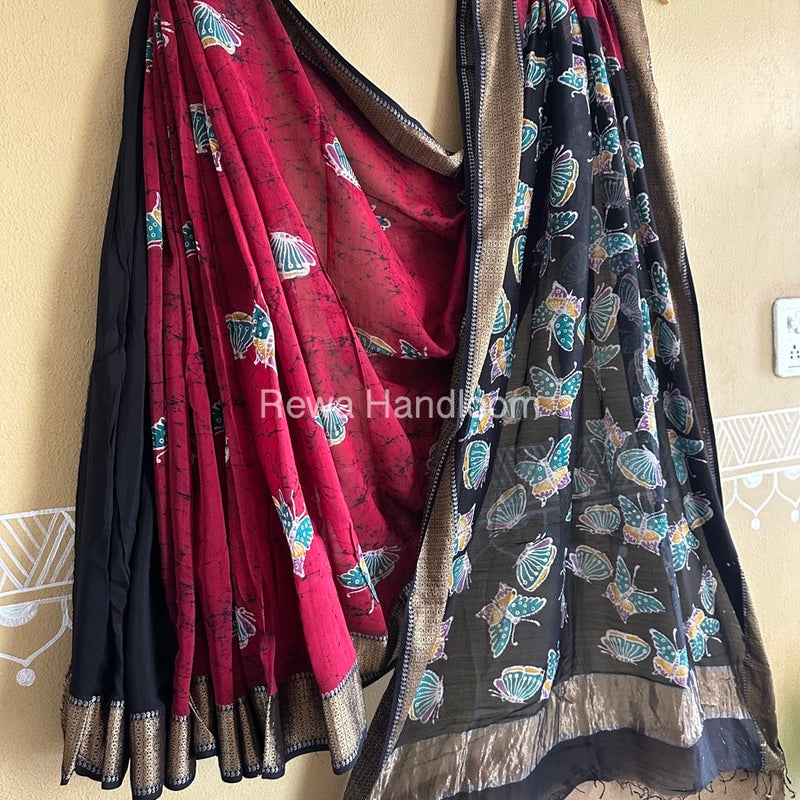Maheshwari Red Batik Indonesian Print Saree IBS04