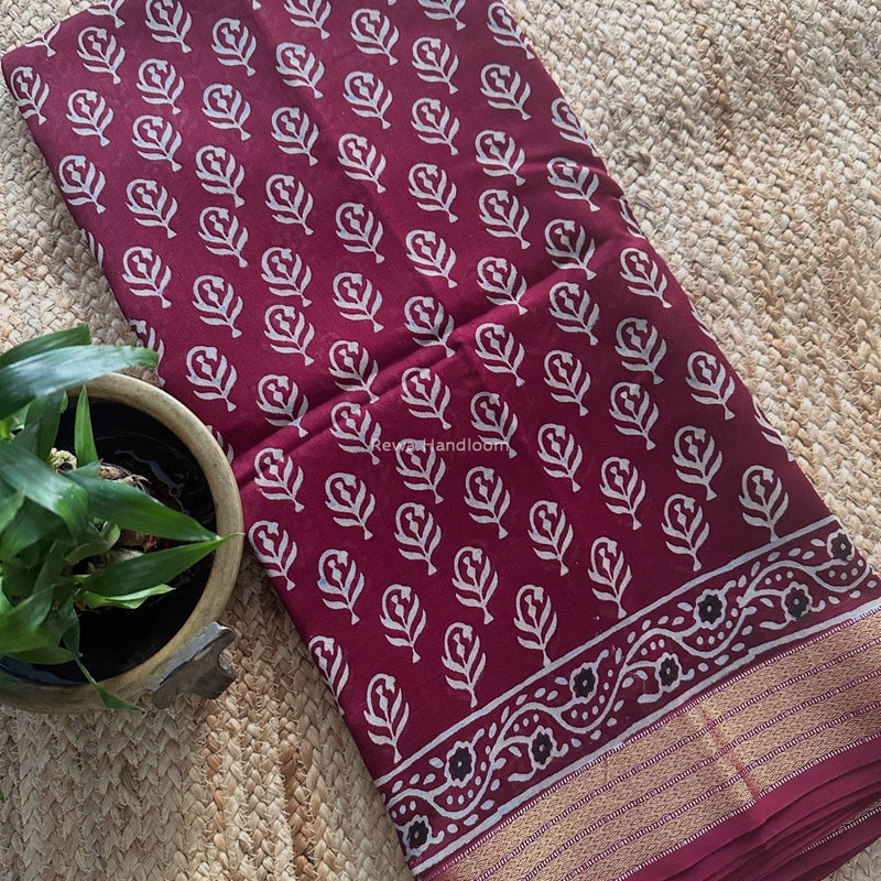 Maheshwari Wine Bagh Print Small Border Saree MTBS109