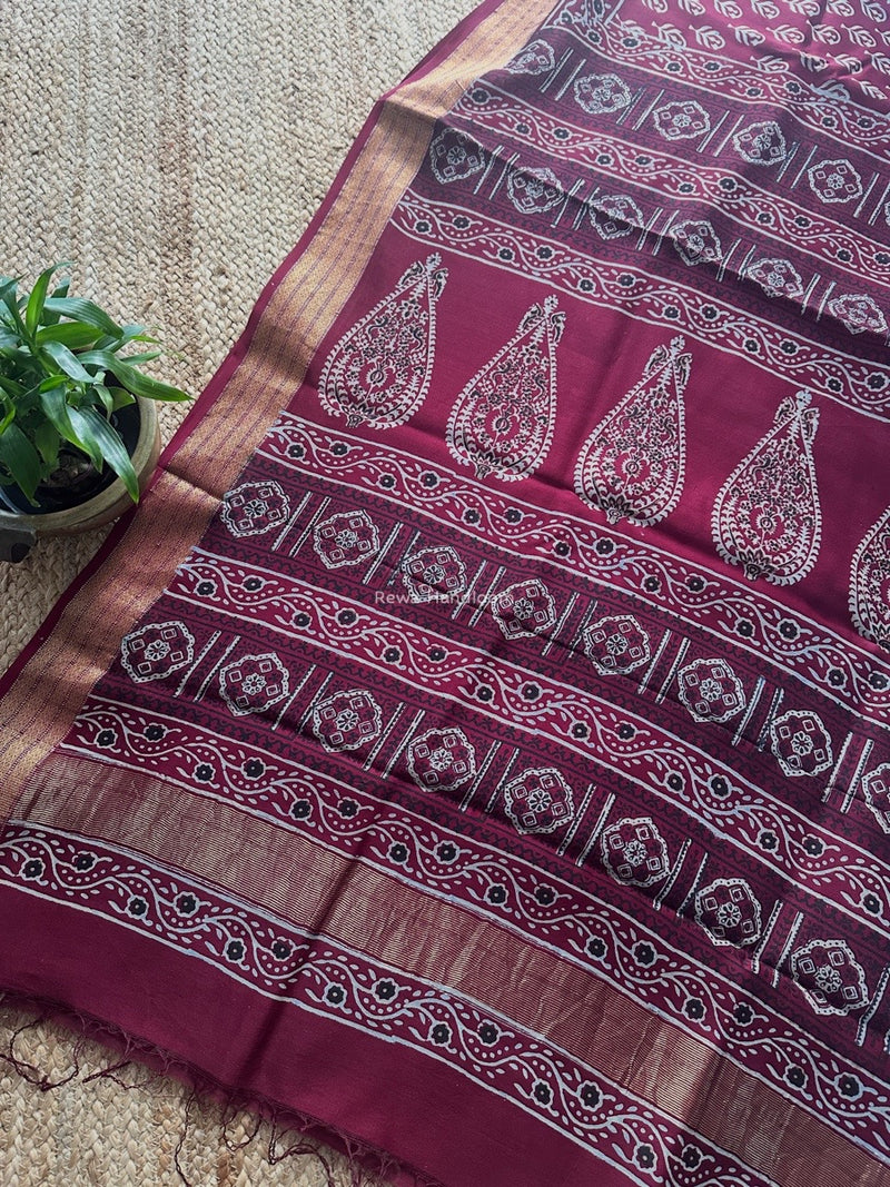 Maheshwari Wine Bagh Print Small Border Saree MTBS109