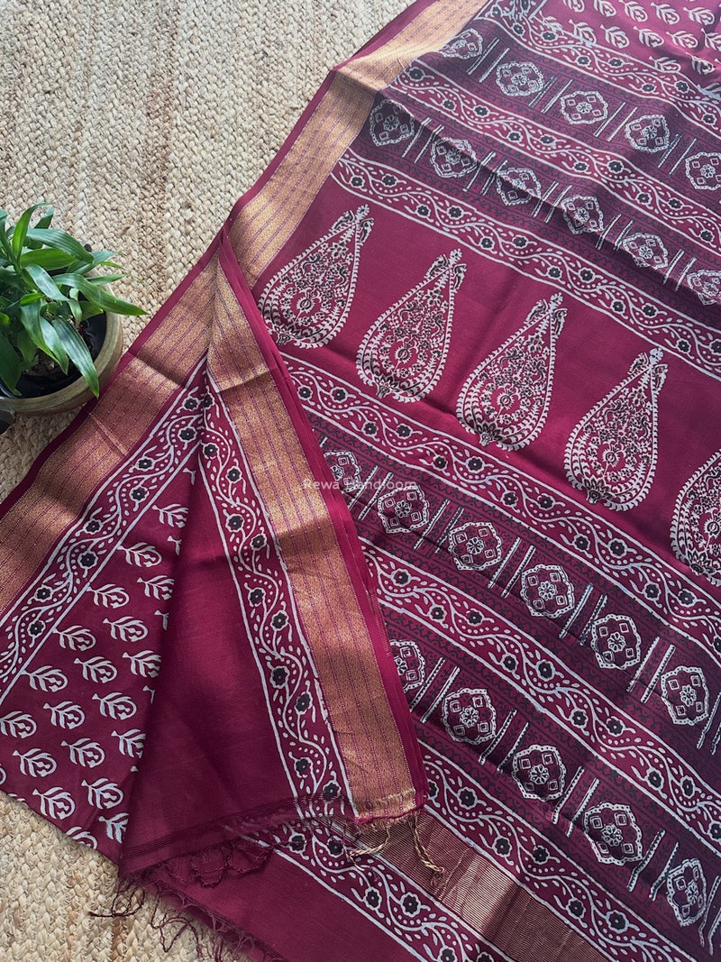 Maheshwari Wine Bagh Print Small Border Saree MTBS109