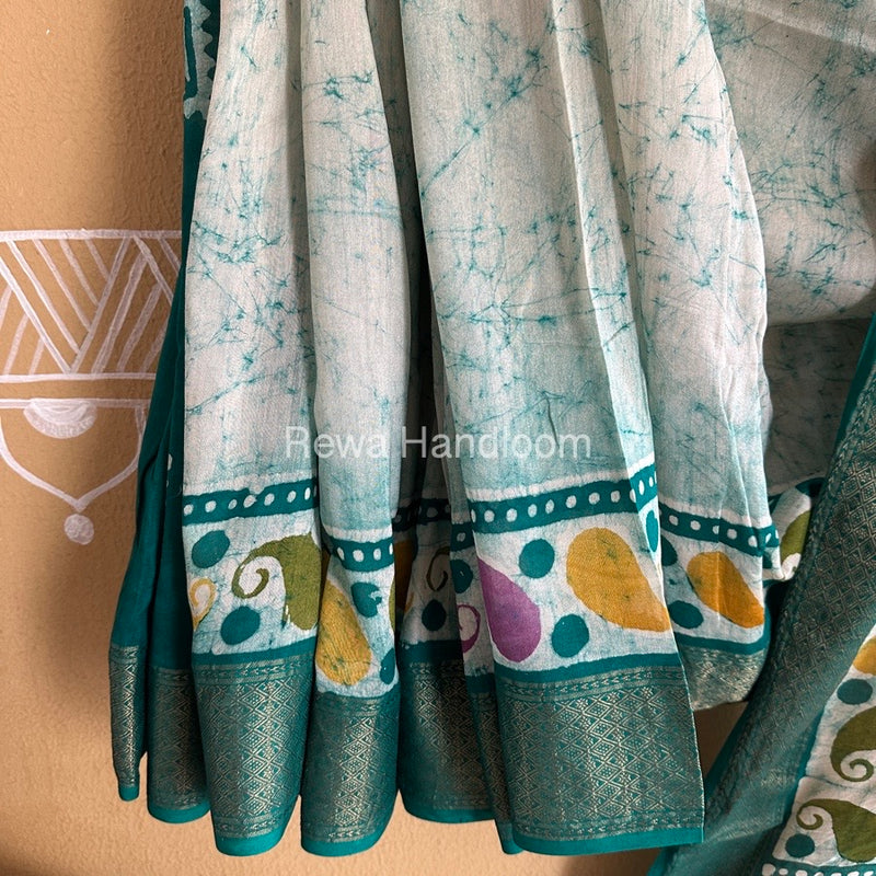 Maheshwari Rama Green Batik Indonesian Print Saree MBSS01