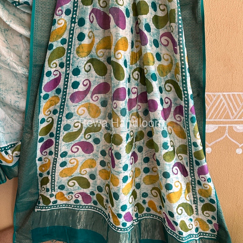 Maheshwari Rama Green Batik Indonesian Print Saree MBSS01